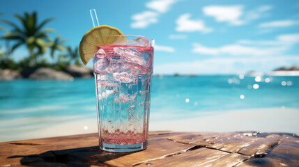 A glass of exotic fruit cocktail on the table against the backdrop of a tropical beach