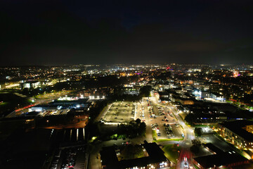 Gorgeous High Angle View of Illuminated British City at Just After Sunset