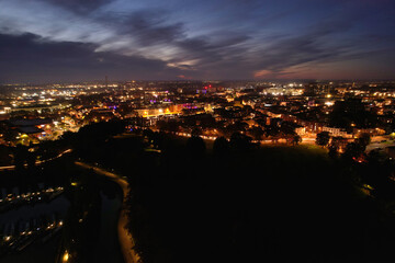 Gorgeous High Angle View of Illuminated British City at Just After Sunset
