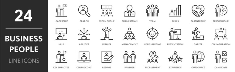 Business people icon collection. 24 Line icons for human resources, meeting, partnership, teamwork, meeting, office management, work, resume, etc.