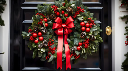 Fototapeta na wymiar Christmas wreath on door with a ribbon
