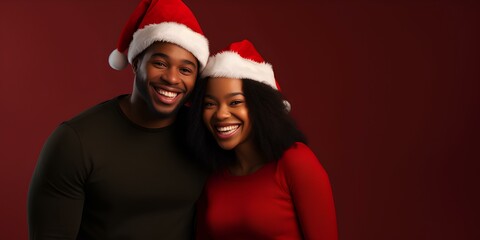 A young happy couple of African Americans in Christmas hats on a red background.