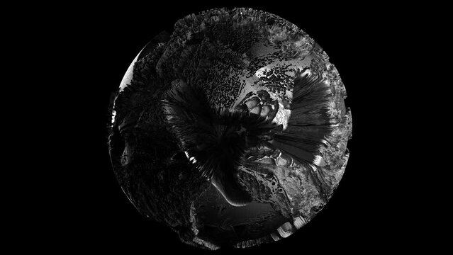 3d render video animation of abstract art black and white damaged 3d planet earth , moon or asteroid in spherical shape with big holes in organic rough patter on surface in outer space in rotation 