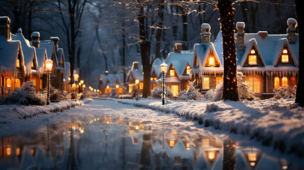 Weihnachten Neujahr Winter Landschaft Fluss Häuser generative AI - obrazy, fototapety, plakaty