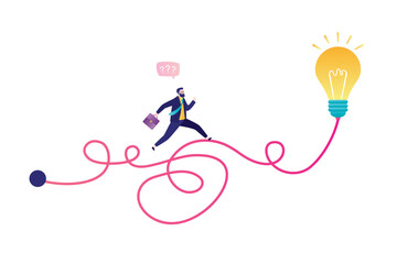 Difficult and long way to an innovative idea. Confident businessman runs along tangled road. Brainstorming, pitching ideas. Finding solutions and moving towards goal.