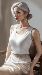 遠くを眺めながら休む(職場の美人モデル)