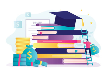 Student holding money and climbing stairs to graduate hat. Learning process. High tuition fees, student loan. Education credit or scholarship, college fee, - obrazy, fototapety, plakaty
