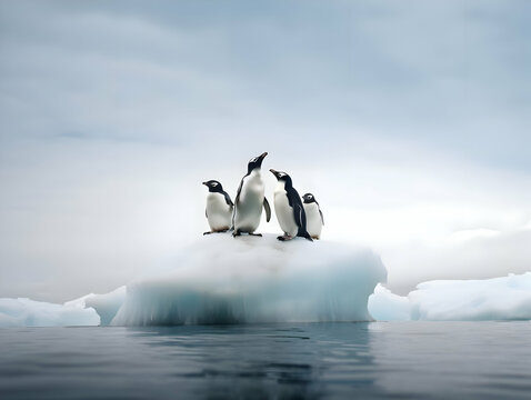 Photo of group of penguins on iceberg minimalism. High-resolution