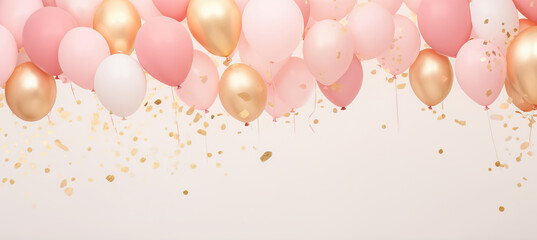Pastel balloons on pink background. Birthday party background, Copy space.