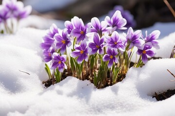 Purple flowers emerging from snow in spring. Generative AI