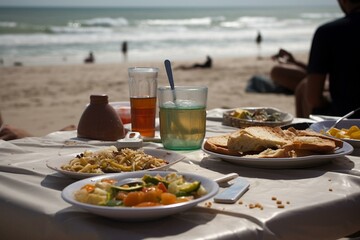 Eating on the beach. Generative AI