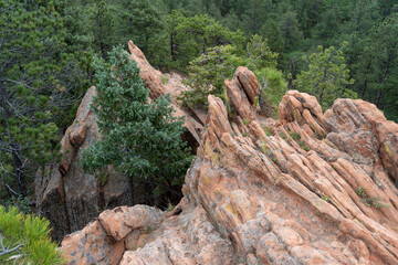 A rock formation in Garden of the Gods on a cloudy summer day in Colorado Springs, CO