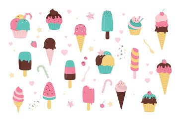 Delicious colorful ice cream set. Collection of various ice cream and popsicle cones with different toppings isolated on white background.  Elements for web design or print.