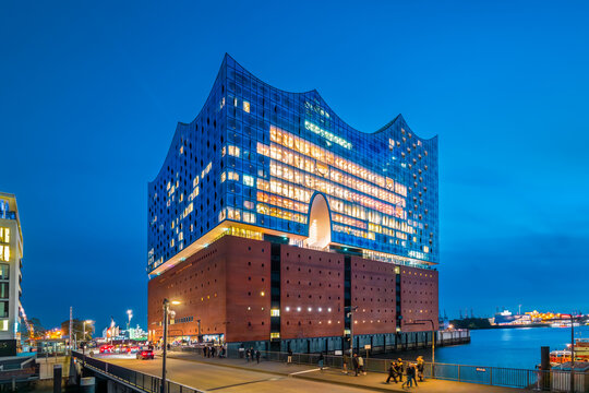 Hamburg, Germany - October 10, 2023: The concert hall Elbphilharmonie in the evening.