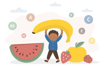 Happy healthy kid, proper nutrition. Fruit mix. Food containing many useful vitamins, nutrition for growing organism. Green veg nutrition.
