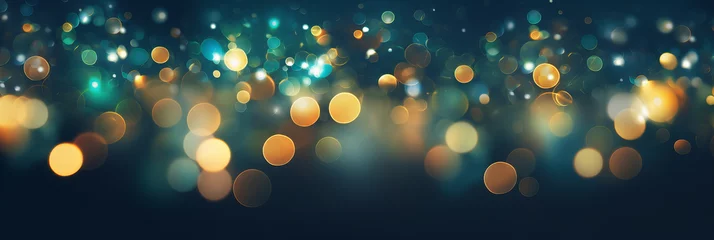 Poster Christmas bokeh lights blured background in gold, dark blue and emerald green colors © AI for you