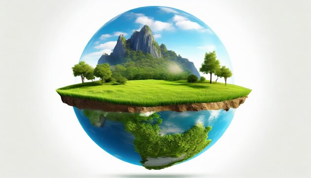 3d landscape with green grass surface, waterfall and trees, mountains. Earth globe isolated below the island.