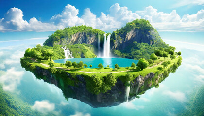 3d landscape with green grass surface, waterfall and trees, mountains. Earth globe isolated below the island. - obrazy, fototapety, plakaty