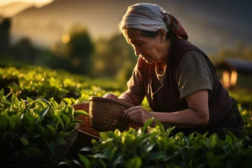 Foto op Aluminium A woman harvests tea leaves at a tea plantation © sirisakboakaew