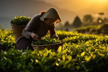 A woman harvests tea leaves at a tea plantation - Powered by Adobe