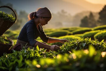 A woman harvests tea leaves at a tea plantation
