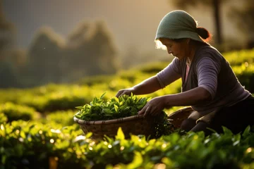 Foto op Aluminium A woman harvests tea leaves at a tea plantation © sirisakboakaew