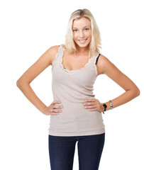 Fototapeta premium Smile, portrait and a woman or model on a white background with fashion style for confidence. Happy, young and a girl or person with empowerment, body language or standing on a studio backdrop