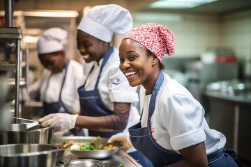 The portrait of the African female chief in the standard uniform of toque or chief hat, white coat, and clean apron group shot in the kitchen happily. Generative AI. - obrazy, fototapety, plakaty