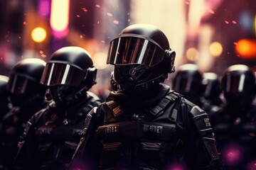 Fototapeta premium Special task force team in action. Special police forces ensure public order at protest rally. Group of soldiers with weapon on the street. Military operations or special operation concept