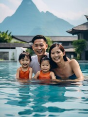 Asian Family Enjoying a Relaxing Swim in a Picturesque Pool with Stunning Mountain Scenery in the Background