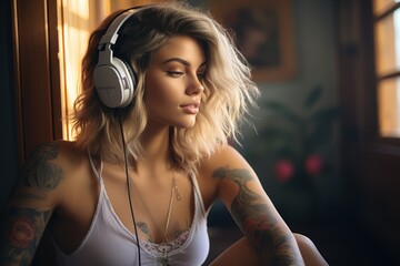 contemporary tattooed woman listening to music at home.