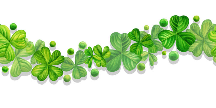 Watercolor green shamrock seamless banner for background design illustrations of spring, St Patrick, green grass, summer greenery