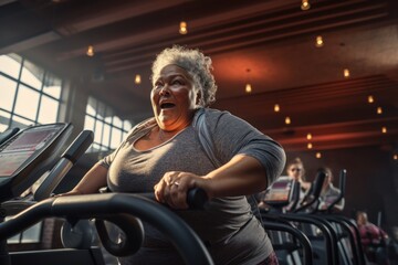 Fototapeta na wymiar Fat elder woman exercising in gym