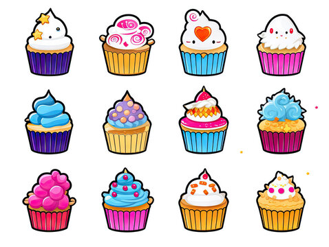 Set of fun kawaii cupcake stickers for decoration of all kinds on a transparent background.