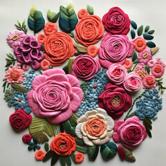 Handmade embroidery with colorful flowers background, top view