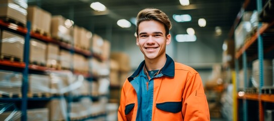A smiling young man working on a warehouse a . Copy space for text, banner, background