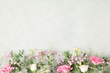 Spring flowers banner, flat lay copy space