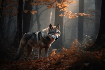Enchanting wolf in a mysterious forest. Generative AI