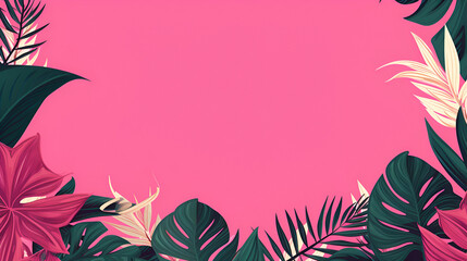 Fototapeta na wymiar green tropical leaf boarder on a pink background