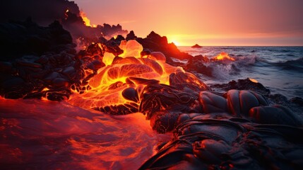 Molten lava solidifying near the ocean shore.