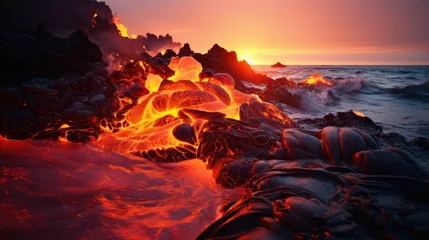 Foto op Canvas Molten lava solidifying near the ocean shore. © sirisakboakaew