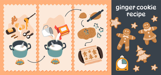 Christmas ginger cookies recipe illustration. Hand drawn baking ingredients set. - obrazy, fototapety, plakaty