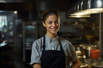 Fototapeta premium The portrait of a female chief in a standard apron and uniform with a smile standing confidently in a kitchen. Generative AI.
