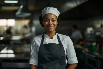 Foto op Canvas The portrait of a female chief in a standard apron and uniform with a smile standing confidently in a kitchen. Generative AI. © Surachetsh