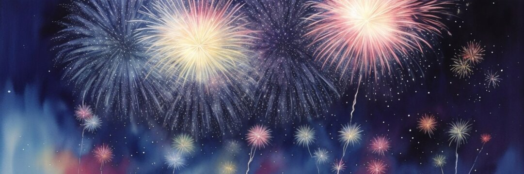 Watercolor painting of fireworks in the night sky banner. New Year fireworks banner.