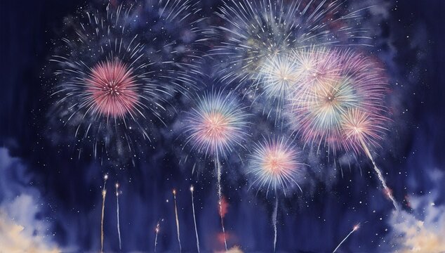 Watercolor painting of fireworks in the night sky background. New Year fireworks backdrop.