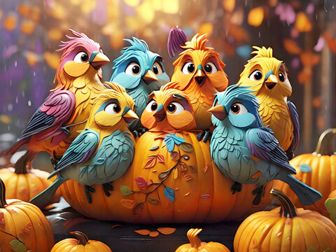 A flock of brilliantly colored birds huddle together on a pumpkin, their feathers glistening in the rain Ai generated art