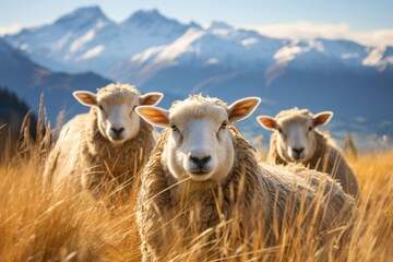 Obraz na płótnie Canvas Three sheep in the hillside meadow Wanaka Ski Area Road, South Island, New Zealand