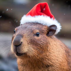 Capybaras celebrating Christmas, in various locations, dressed with Christimas costume.