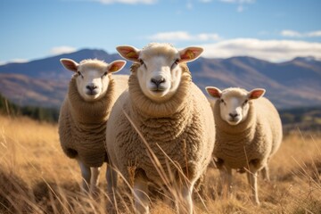 Naklejka na ściany i meble Three sheep in the hillside meadow Wanaka Ski Area Road, South Island, New Zealand